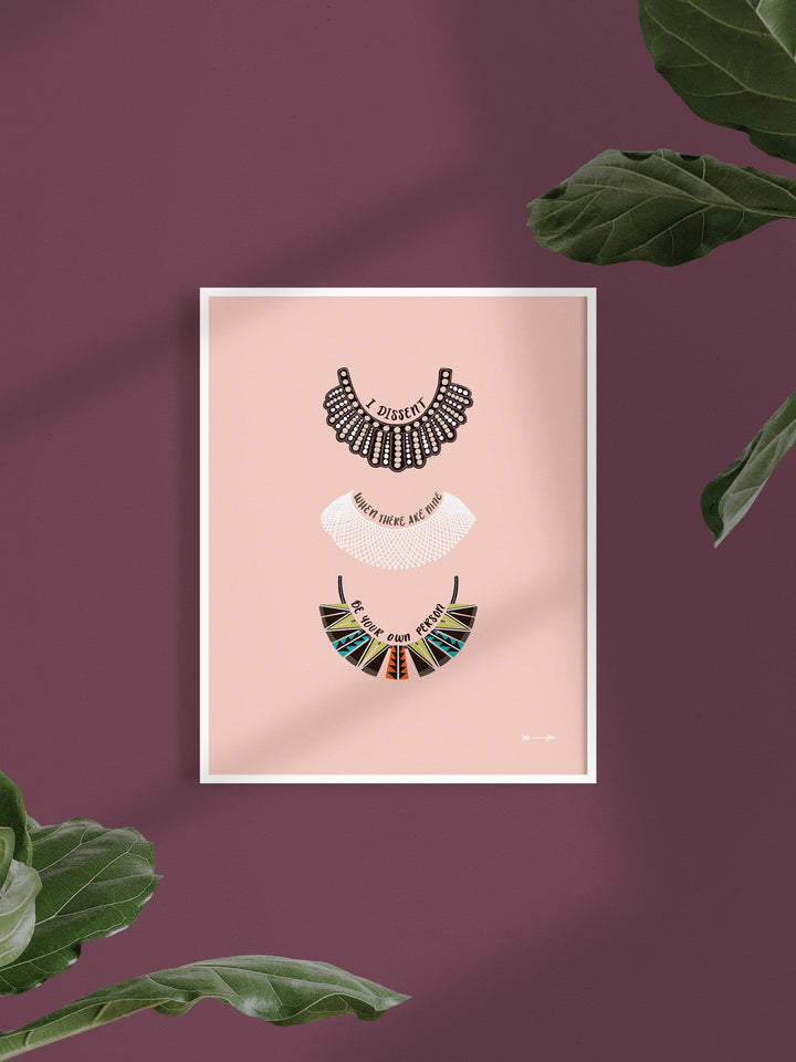 Ruth Bader Ginsburg dissent collar illustrations art print. Ruth Bader Ginsburg art