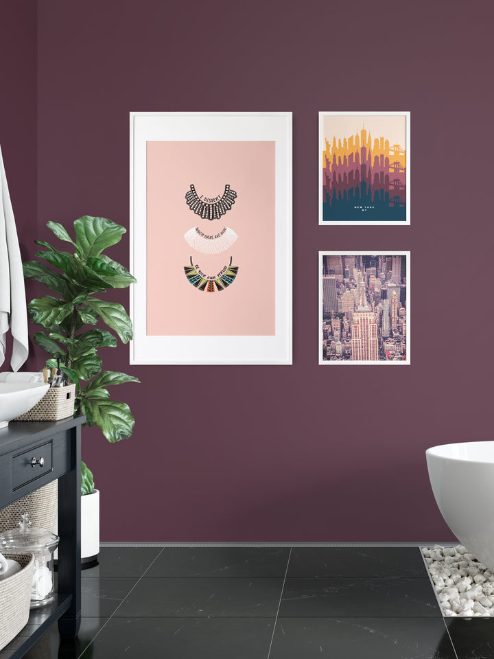 RBG Ruth Bader Ginsburg dissent collar poster with NYC retro skyline and aerial photo prints. Ruth Bader Ginsburg art