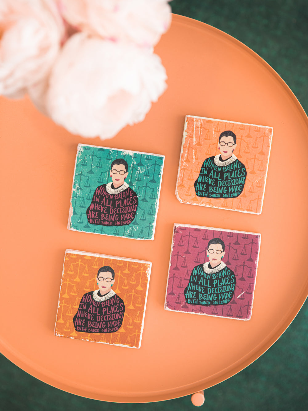 Ruth Bader Ginsburg feminist illustration and women quote on marble coaster, set of four. Ruth Bader Ginsburg art