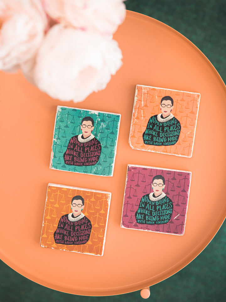 Ruth Bader Ginsburg feminist illustration and women quote on marble coaster, set of four. Ruth Bader Ginsburg art