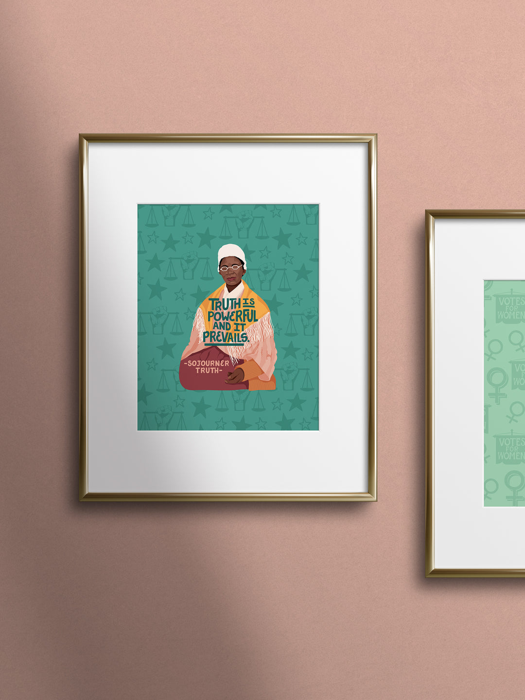 framed and matted poster on pink wall. Sojourner Truth art