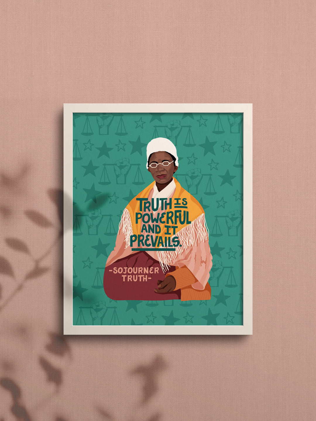 Sojourner Truth illustrated art print in white frame on mauve wall with plant shadow in bottom right corner. Sojourner Truth art