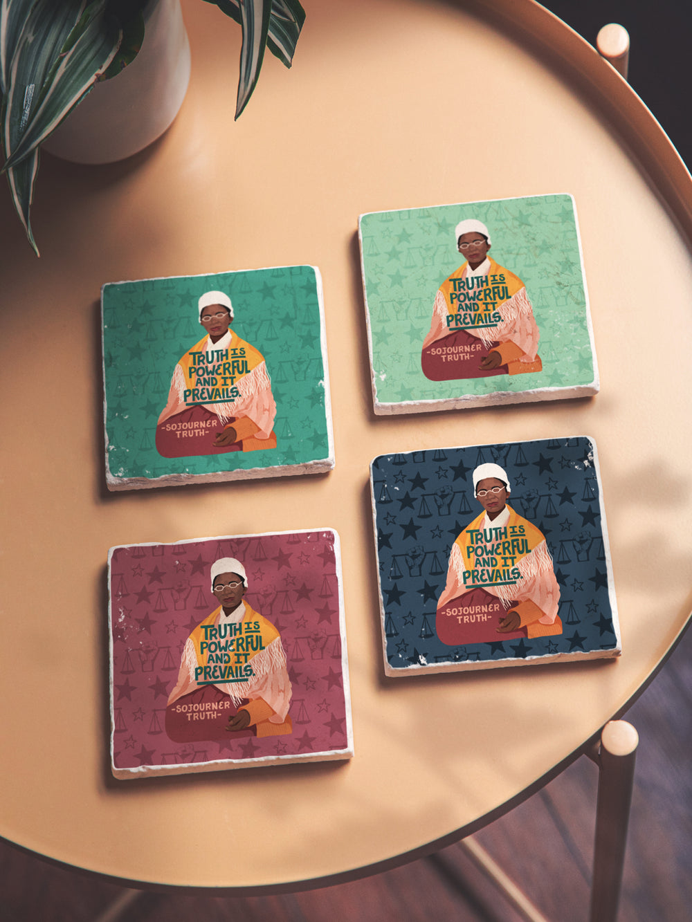 copper round table with plant. Sojourner Truth art