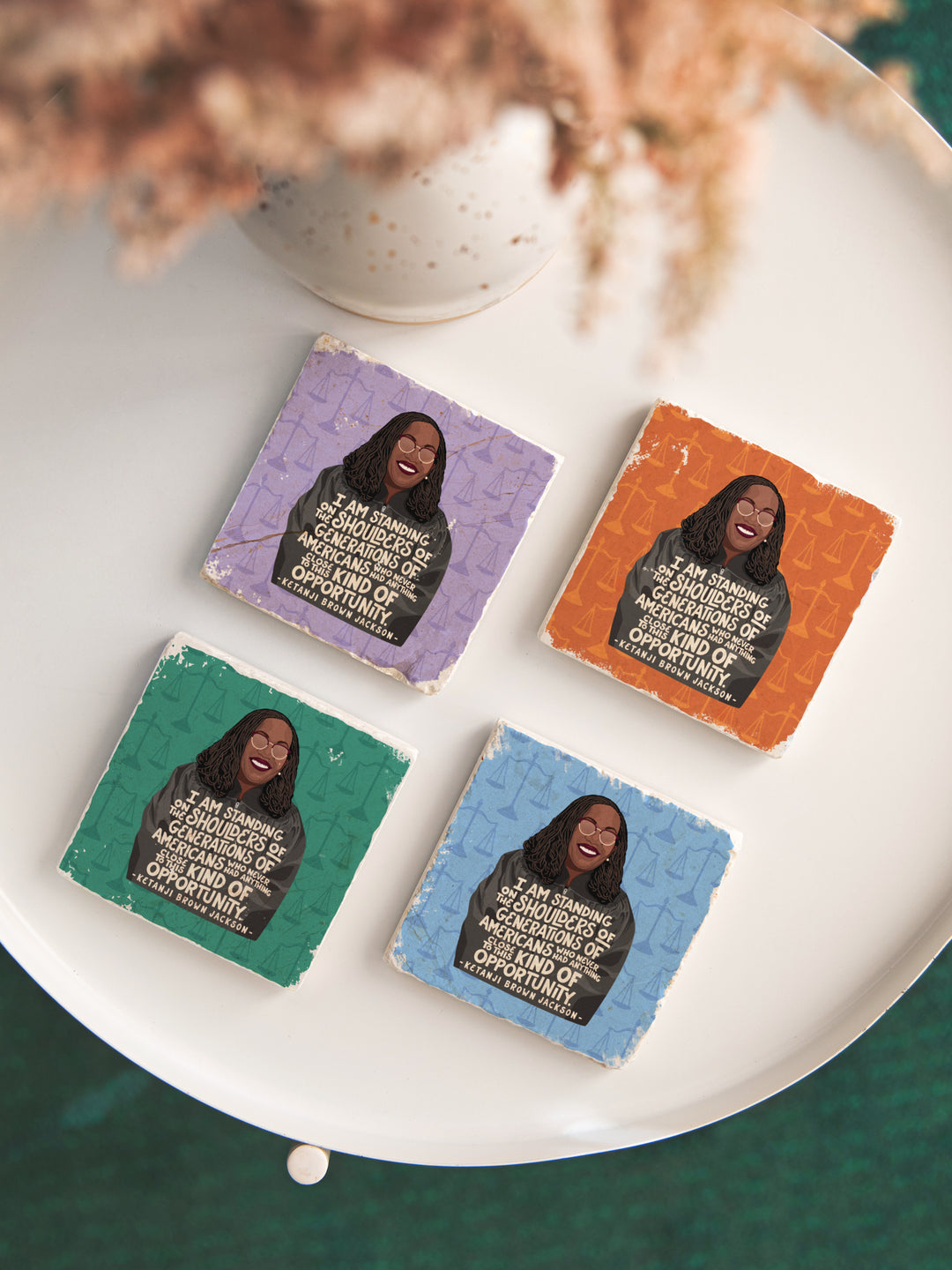 Ketanji Brown Jackson marble coaster set  on a white table . Ketanji Brown Jackson art