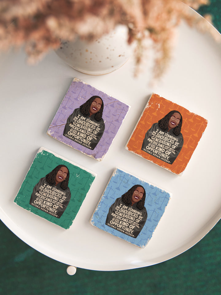 Ketanji Brown Jackson marble coaster set  on a white table . Ketanji Brown Jackson art