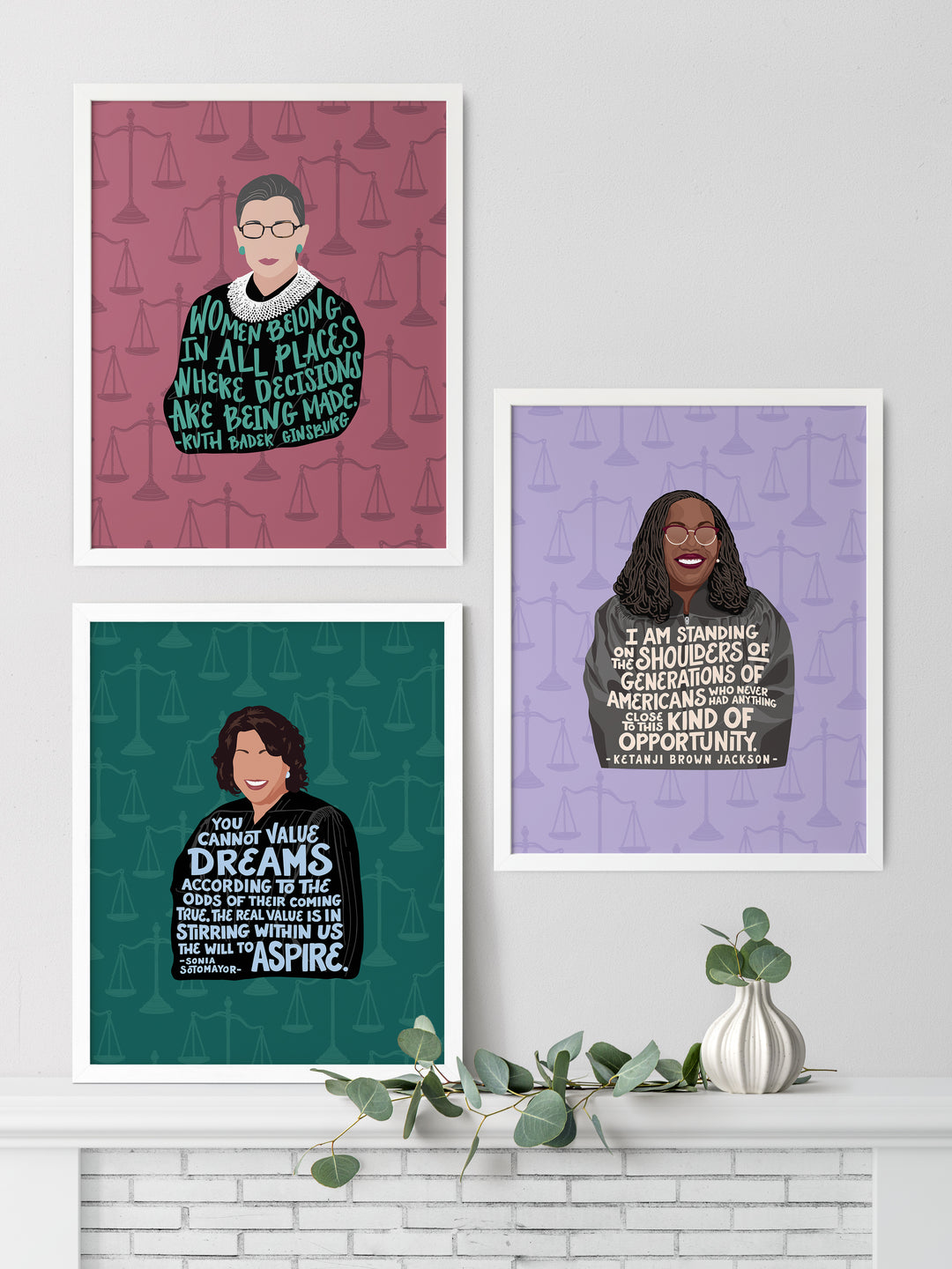 Feminist print trio of Ruth Bader Ginsburg, Sonia Sotomayor and Ketanji Brown Jackson. Ketanji Brown Jackson art