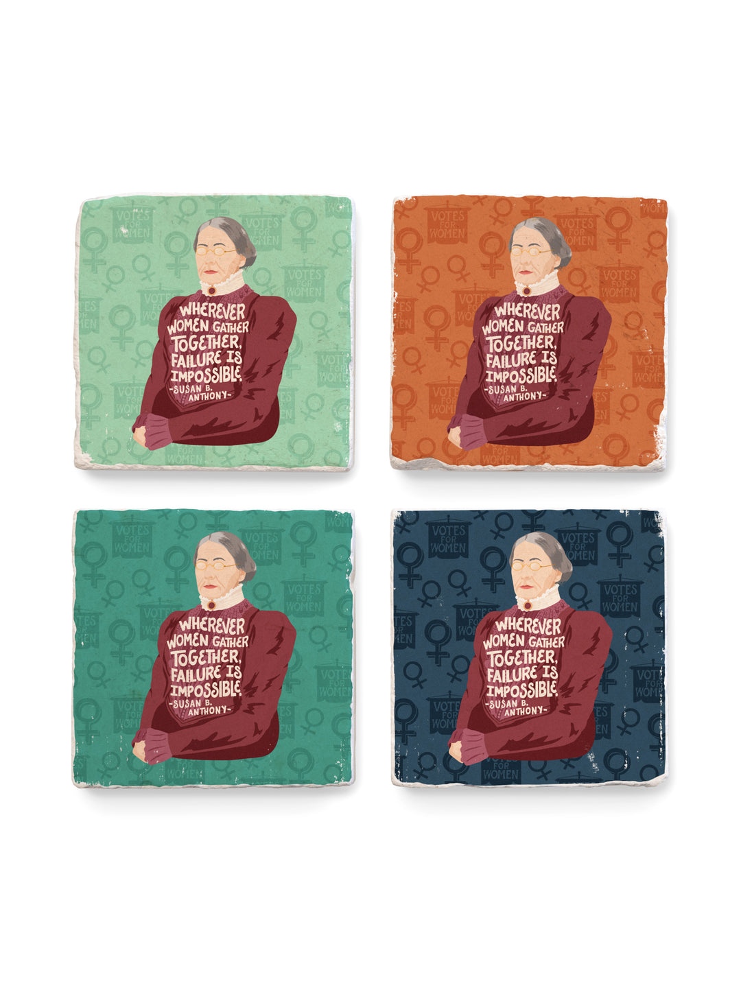 Set of 4 marble coasters of Susan B. Anthony on a white background. Susan B Anthony art
