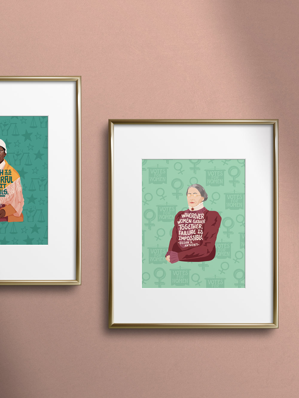 framed poster print on peach wall. Susan B Anthony art