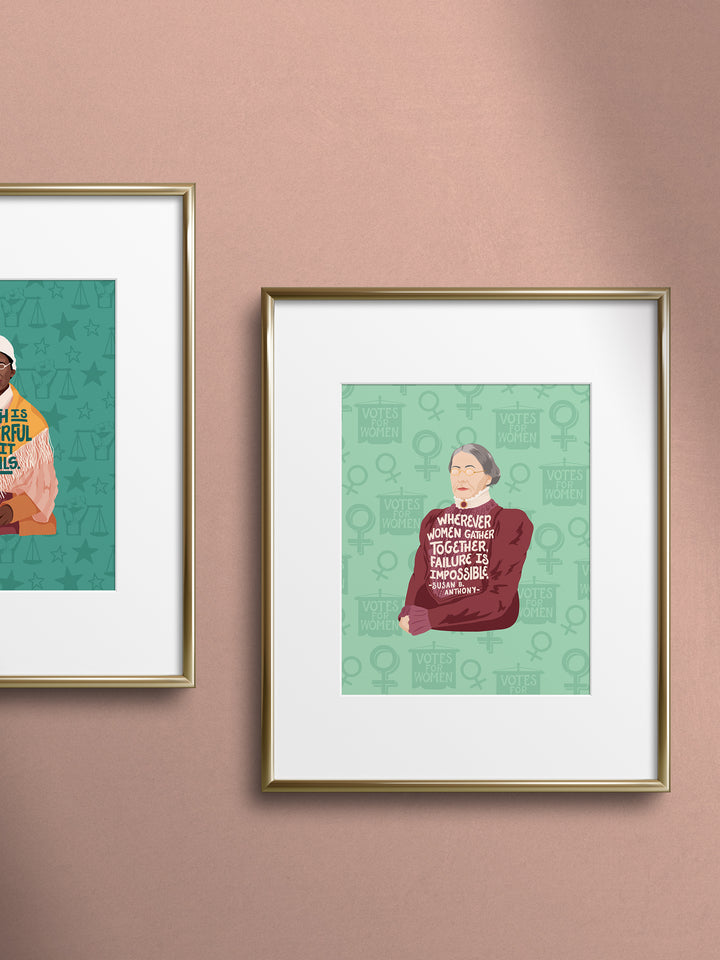 framed poster print on peach wall. Susan B Anthony art