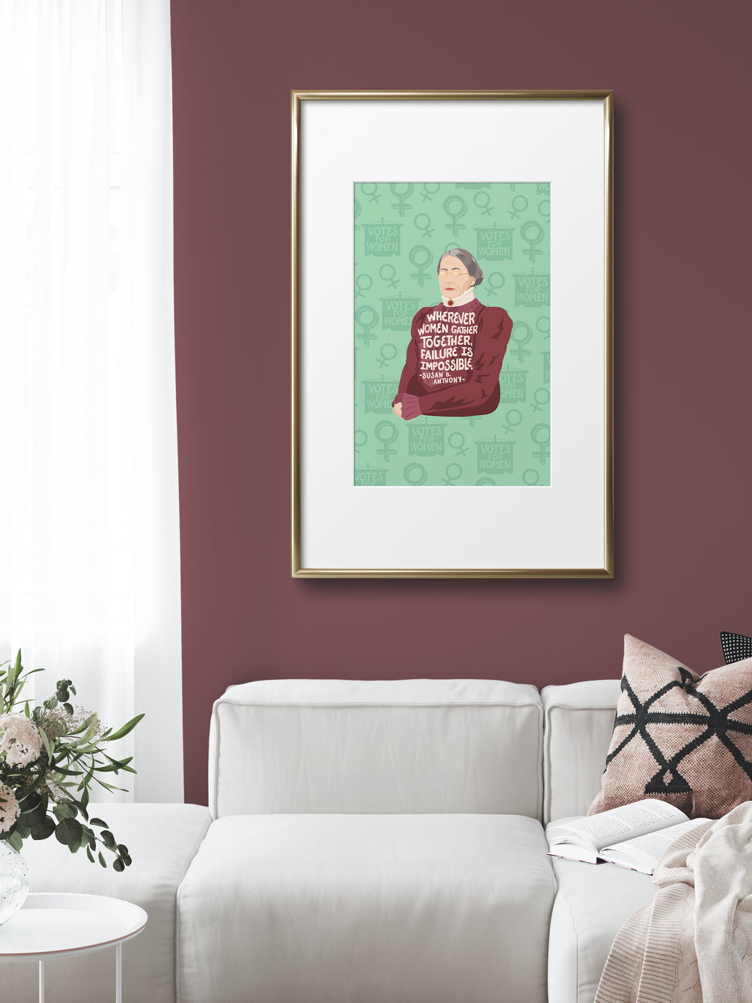 poster of susan b anthony framed on red wall above a couch. Susan B Anthony art