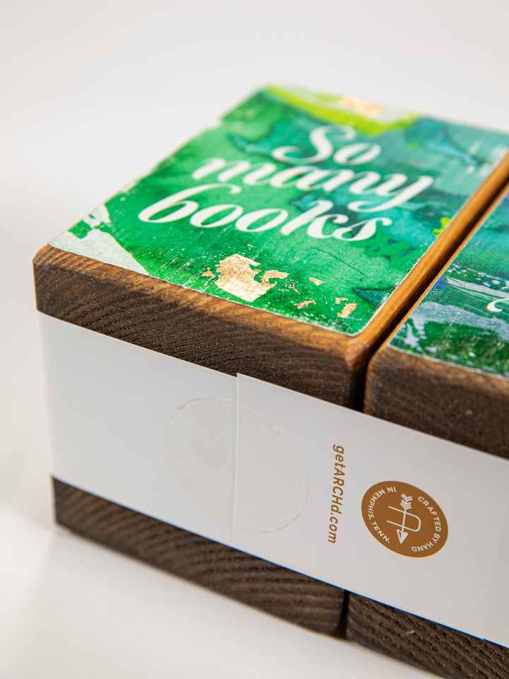 Bottom view and close up of gold foil on left bookend