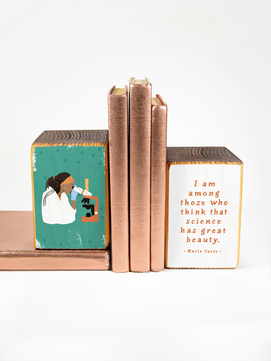 Woman Scientist STEM microscope illustration wood bookend shelf decor gift