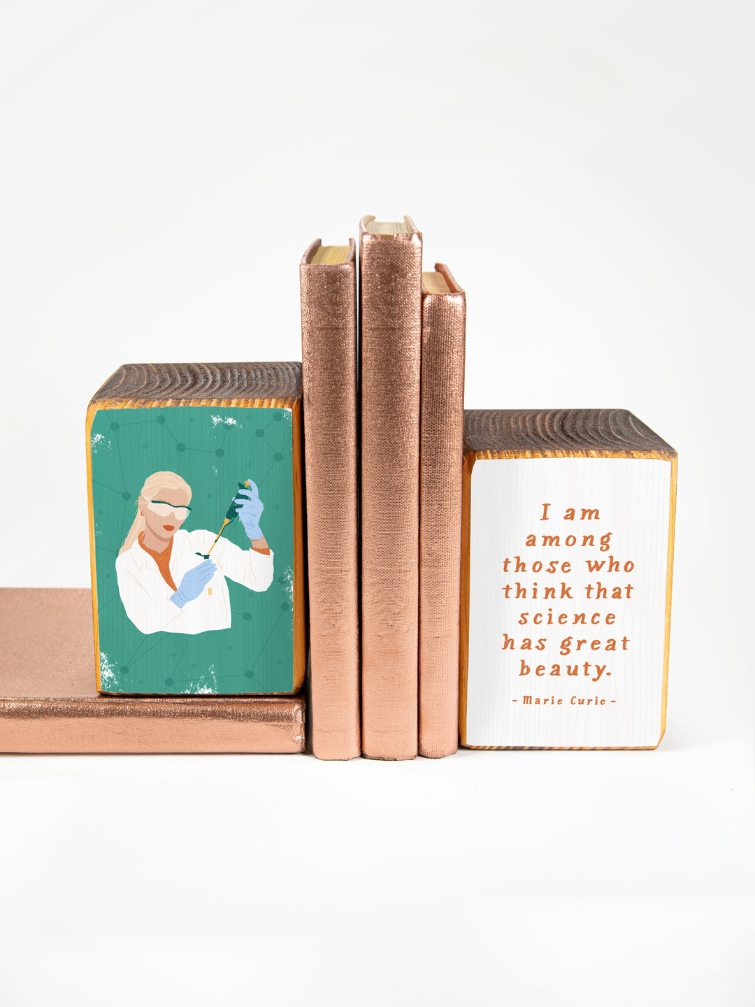 Woman Scientist STEM microscope illustration wood bookend shelf decor gift