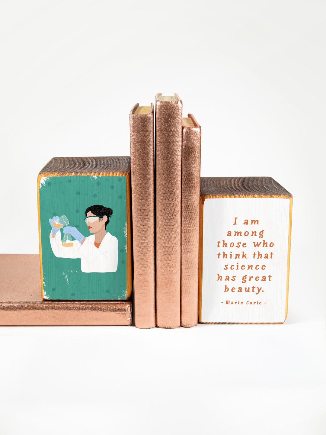 Woman Scientist STEM microscope illustration wood bookend shelf decor gift