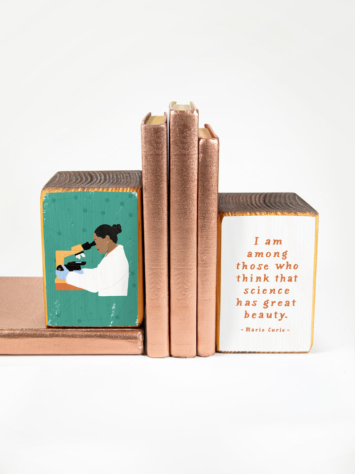 Woman Scientist STEM microscope illustration wood bookend shelf decor gift
