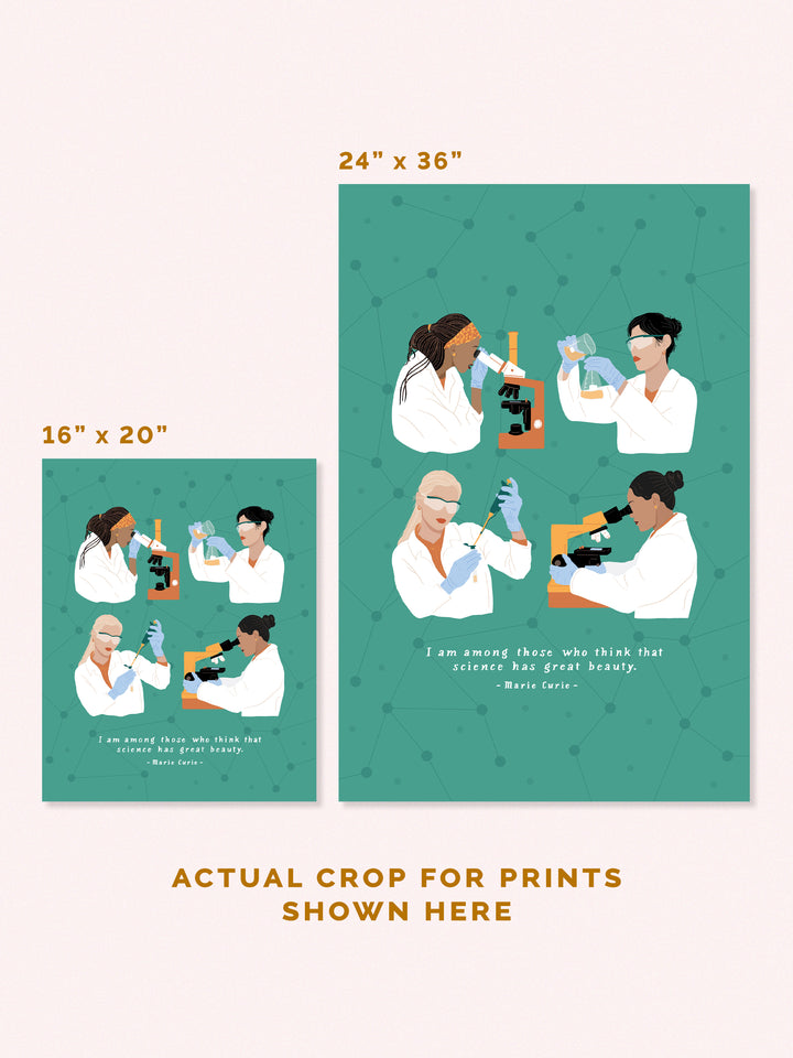 Women in science lab researcher illustration poster, sizes 16" x 20" and 24" x 36"