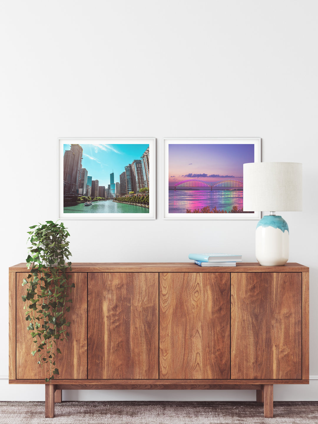 Colorful Mighty Lights on the Memphis bridge at sunset, large photography print, paired with downtown Chicago architecture photo print