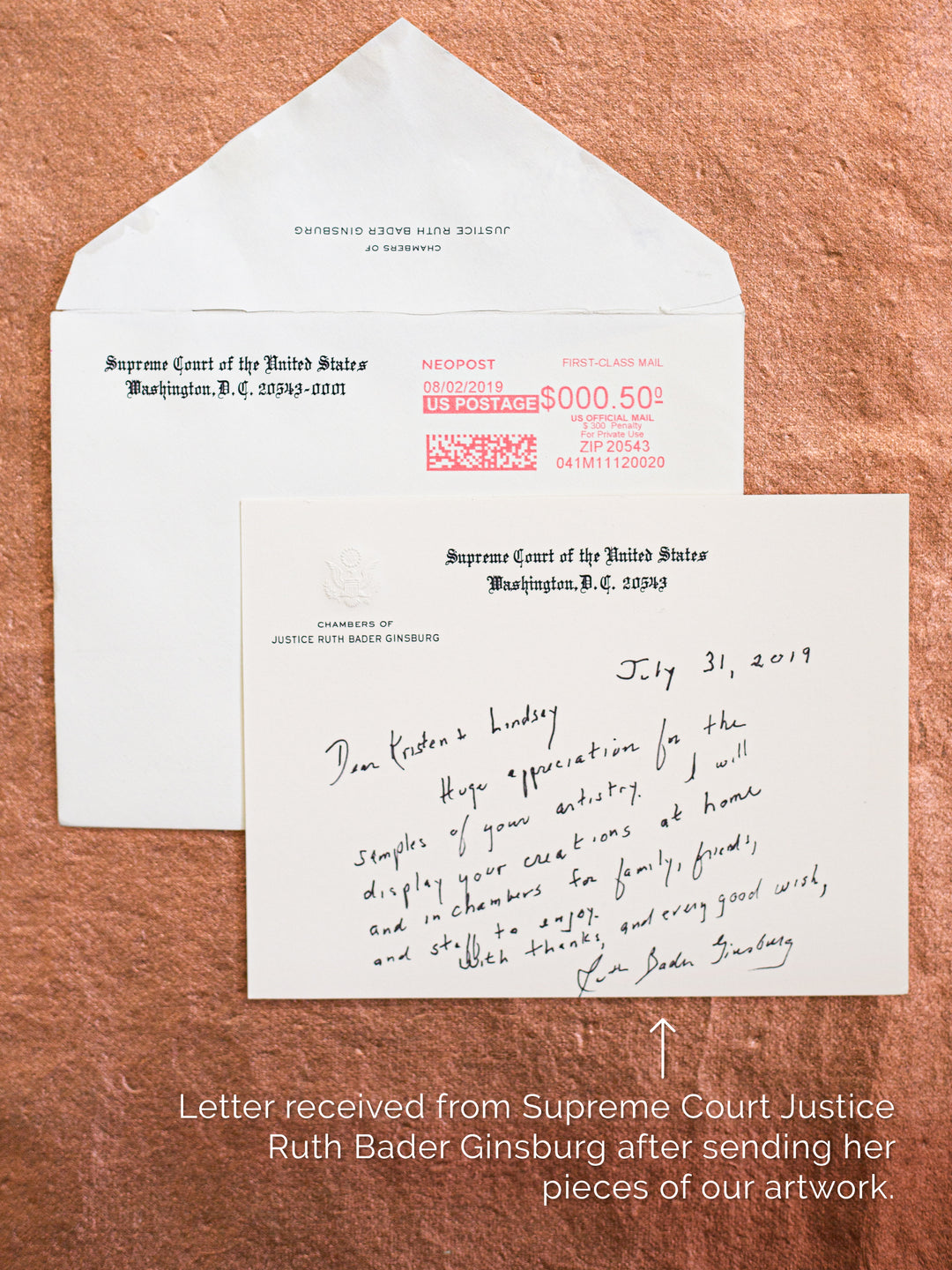 Personal handwritten letter to small business owners Kristen and Lindsey Archer, from Ruth Bader Ginsburg, on her official Supreme Court Chambers stationery. Ruth Bader Ginsburg art