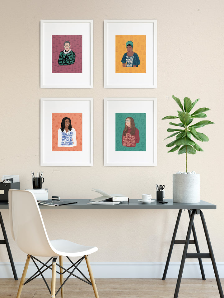 Feminist illustration art print gallery wall in home office, Ruth Bader Ginsburg, Maya Angelou, Michelle Obama, Gloria Steinem. Ruth Bader Ginsburg art
