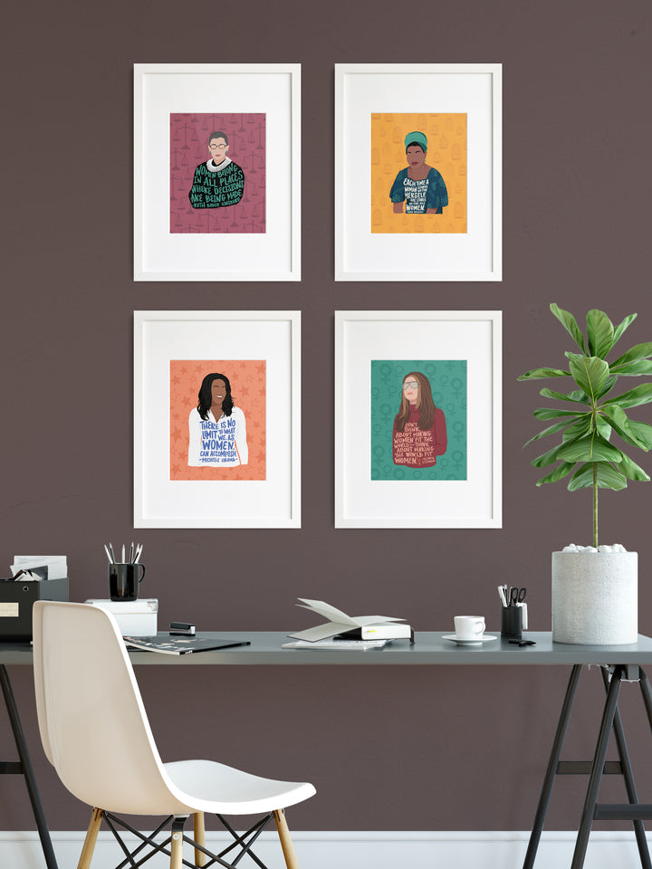 Feminist illustration art print gallery wall in home office, Ruth Bader Ginsburg, Maya Angelou, Michelle Obama, Gloria Steinem. Gloria Steinem art
