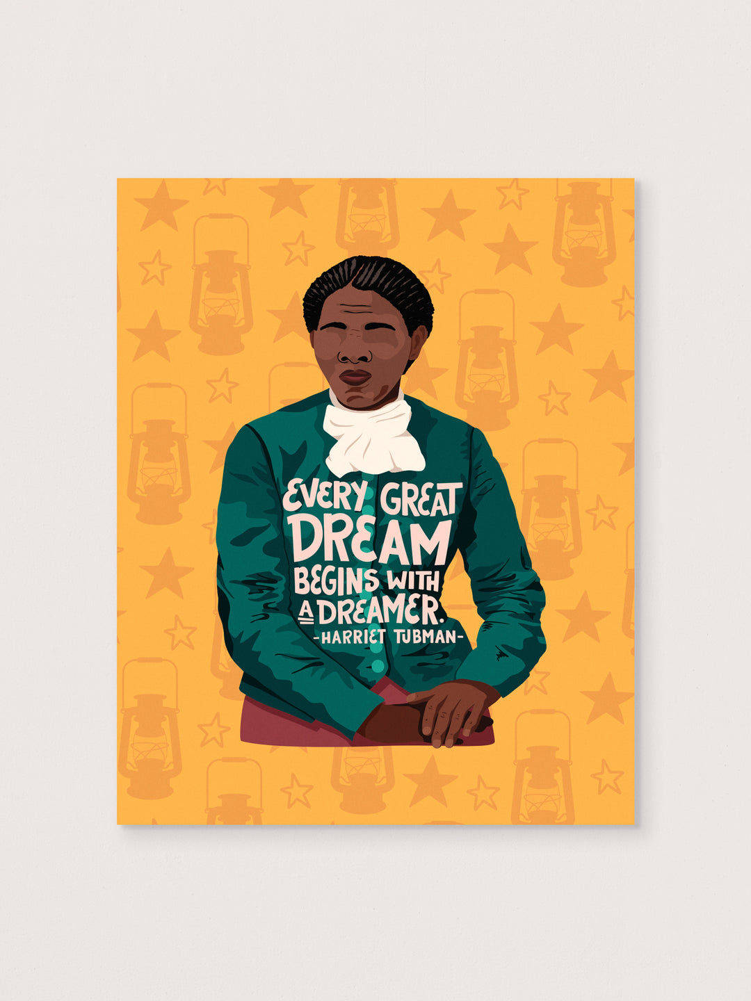 Harriet Tubman art print on white background. Yellow background with lantern and star pattern. harriet tubman art