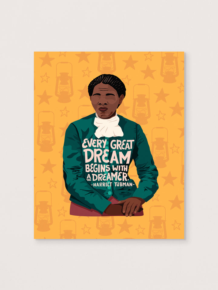Harriet Tubman art print on white background. Yellow background with lantern and star pattern. harriet tubman art