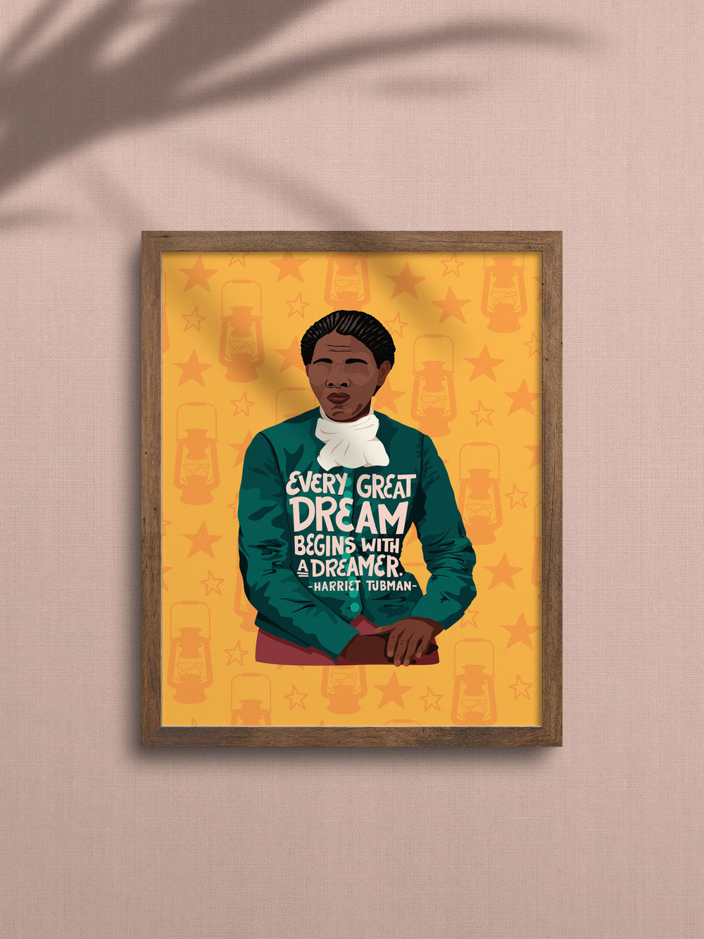 Lifestyle photo of Harriet Tubman illustration on yellow background. Framed and hung on brown wall. harriet tubman art