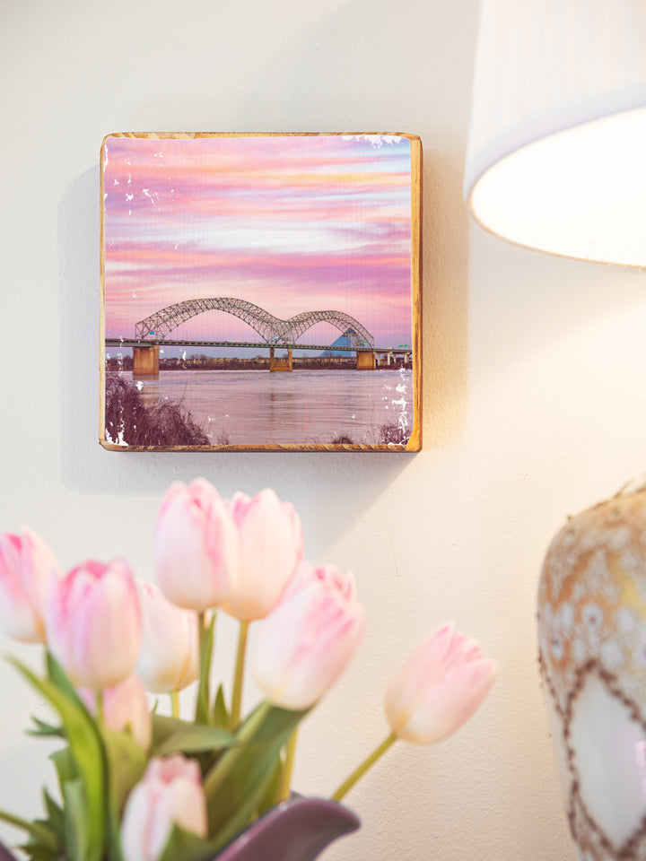 Memphis, Tennessee, bridge or skyline at sunset with cotton candy skies photography wood art