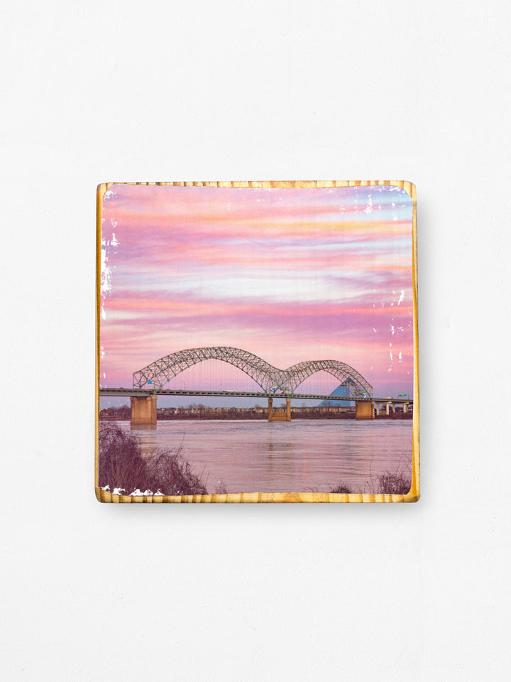 Memphis, Tennessee, bridge or skyline at sunset with cotton candy skies photography wood art
