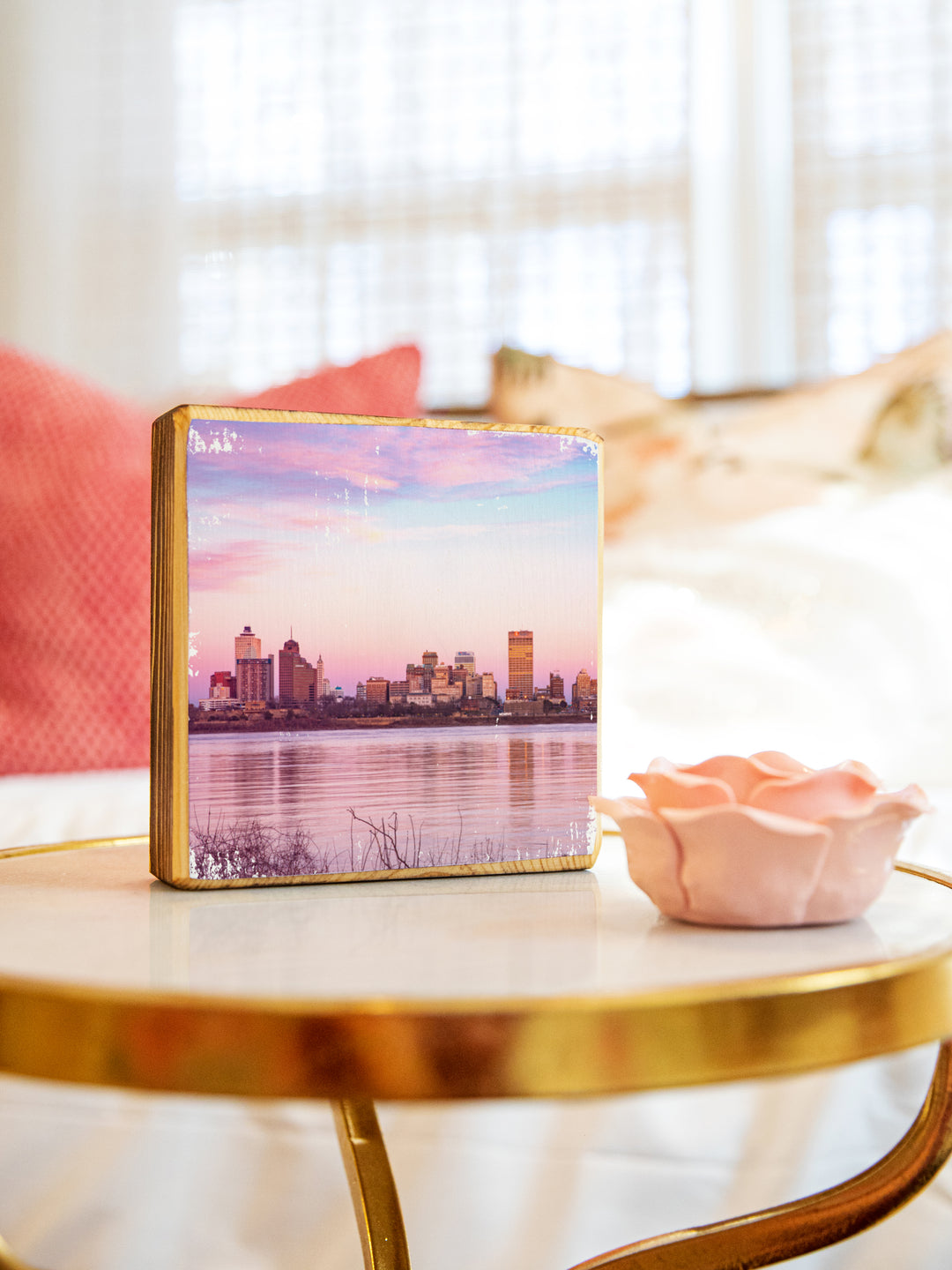 Memphis, Tennessee, bridge or skyline at sunset with cotton candy skies photography wood art