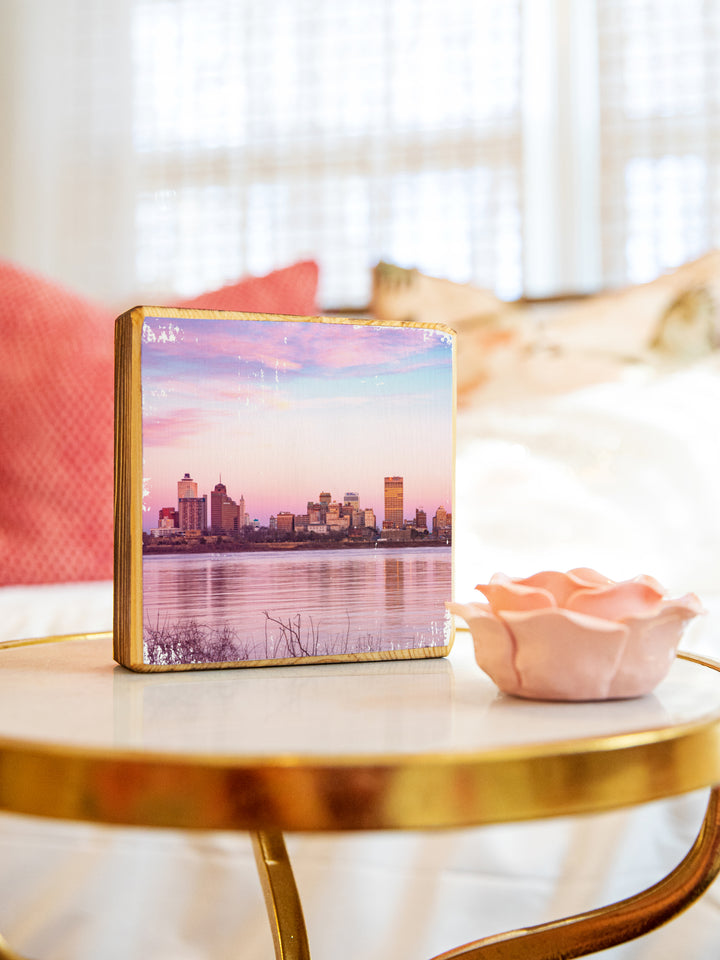 Memphis, Tennessee, bridge or skyline at sunset with cotton candy skies photography wood art