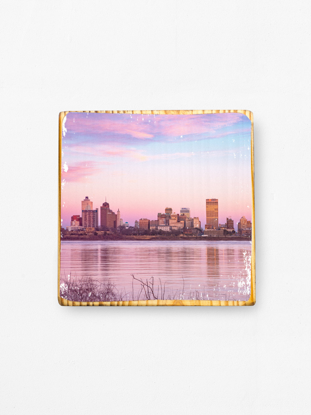 Memphis, Tennessee, bridge or skyline at sunset with cotton candy skies photography wood art