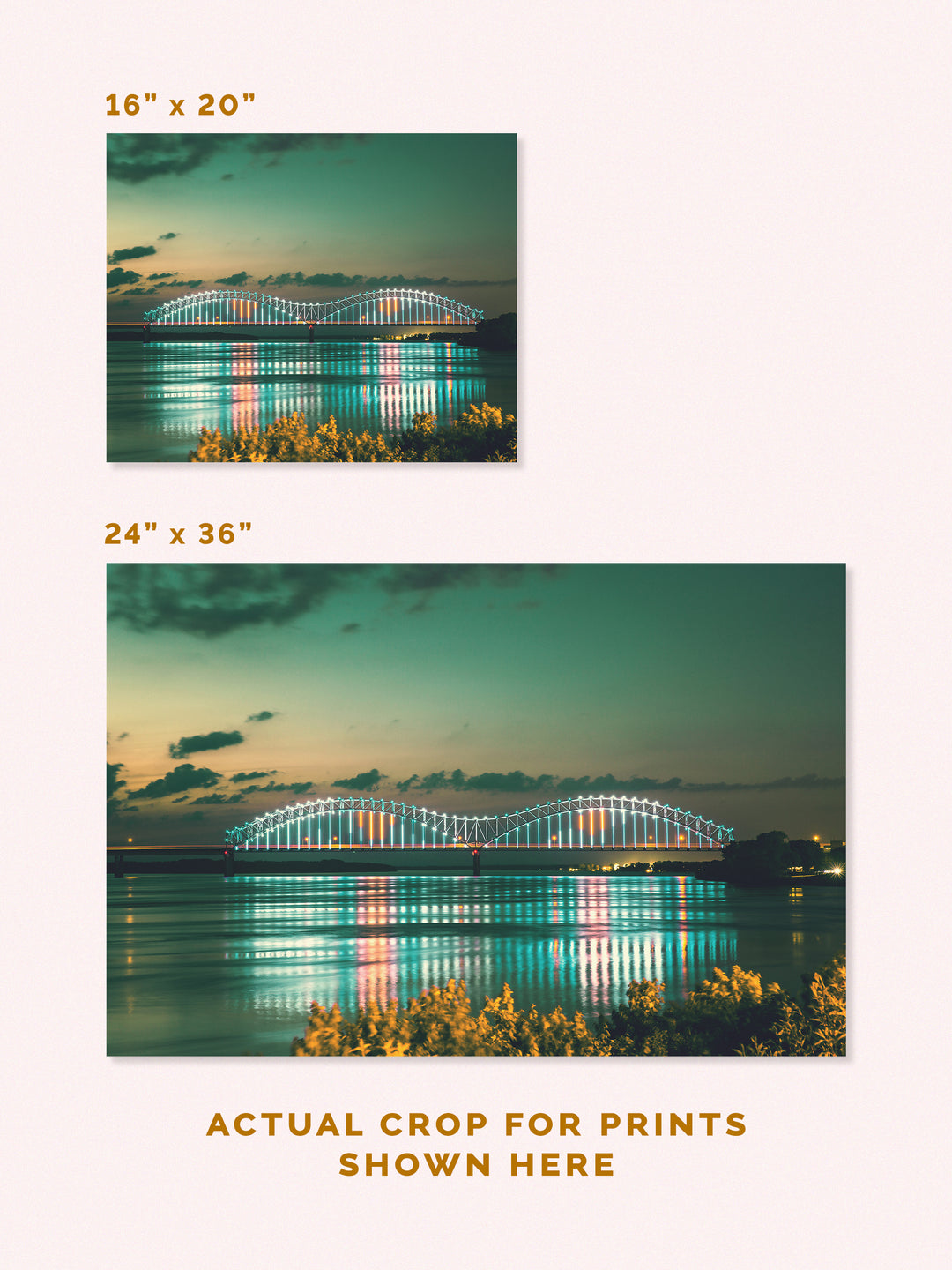 Nighttime photography print of the mighty lights on the Memphis bridge at sunset, sizes 16" x 20" and 24" x 36"