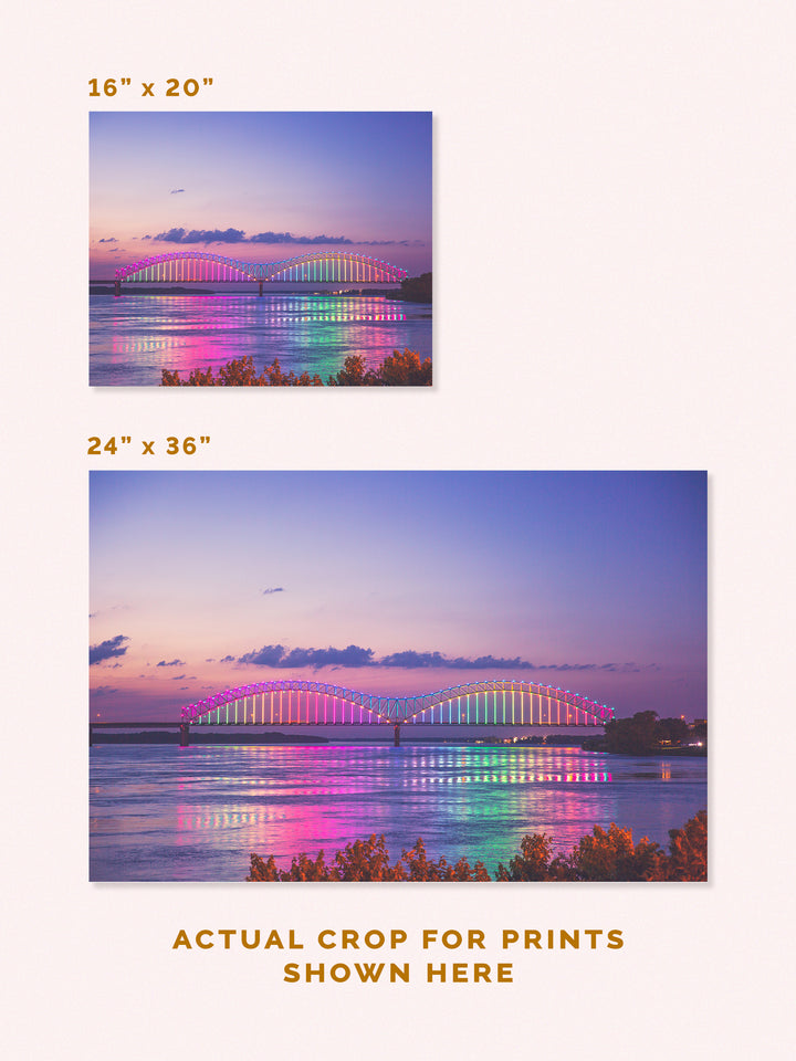 Colorful Mighty Lights on the Memphis bridge at sunset, large photography print, sizes 16" x 20" and 24" x 36"