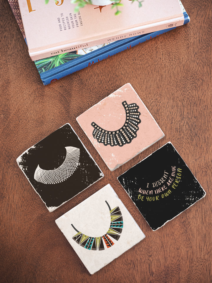 Ruth Bader Ginsburg I Dissent collar illustration marble coaster set of 4. Ruth Bader Ginsburg art