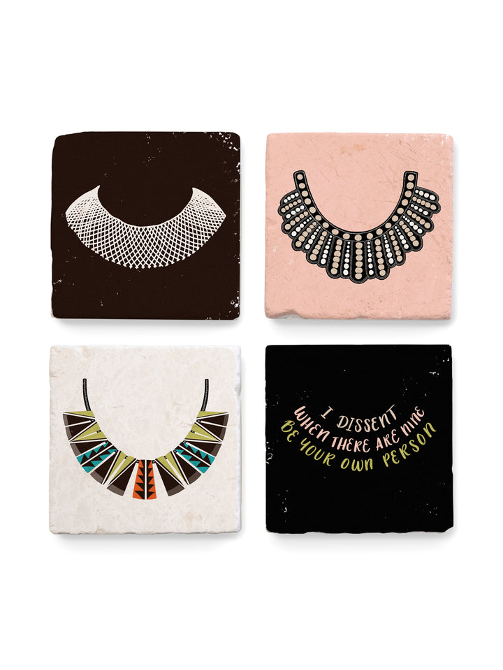 Ruth Bader Ginsburg I Dissent collar illustration marble coaster set of 4. Ruth Bader Ginsburg art