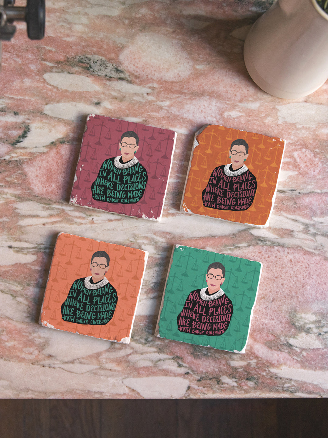 Ruth Bader Ginsburg illustration with the quote "Women belong in all places where decisions are being made." marble coaster set of 4. Ruth Bader Ginsburg art