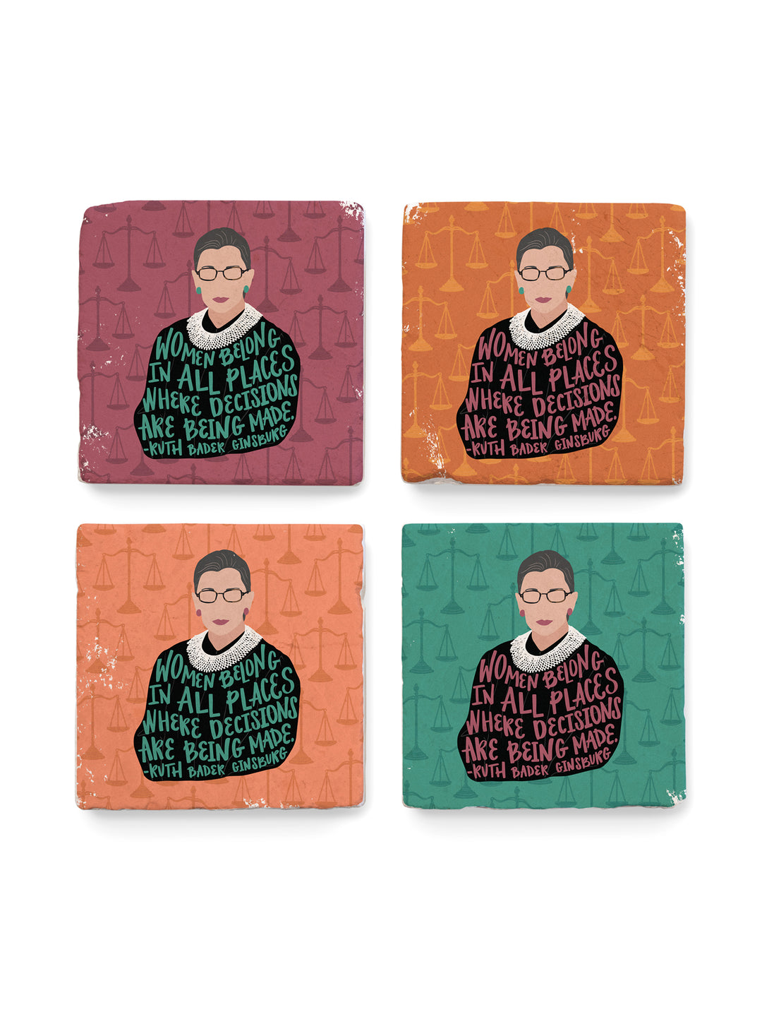 Ruth Bader Ginsburg illustration with the quote "Women belong in all places where decisions are being made." marble coaster set of 4. Ruth Bader Ginsburg art